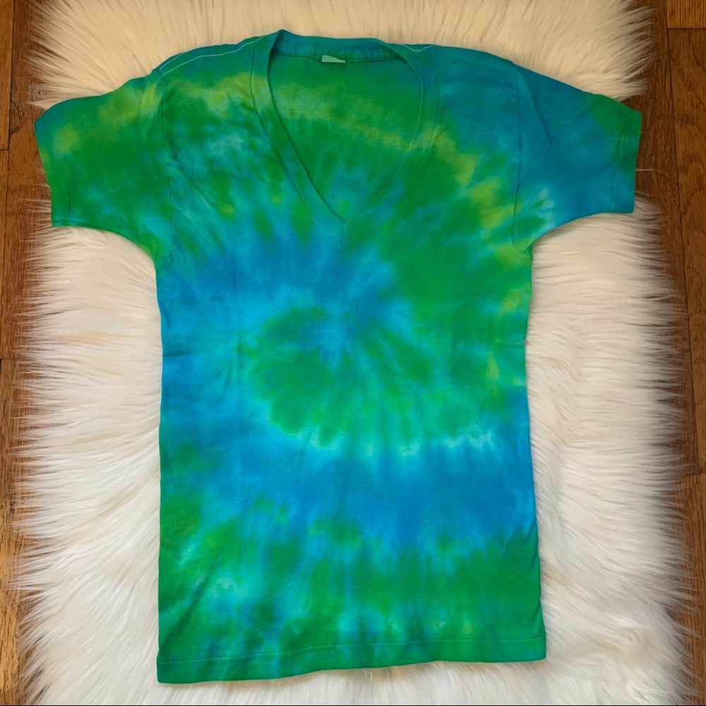 Tye Dye Green and Blue Short Sleeve V-Neck T Shirt